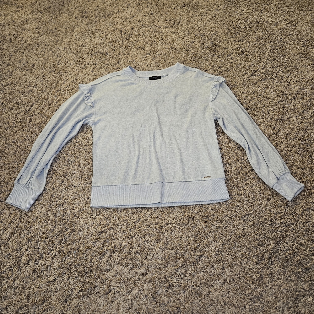 Tahari Sweater Women Sz Large Gray Ruffled‎ Long Sleeve Stretchy Polyester Blend